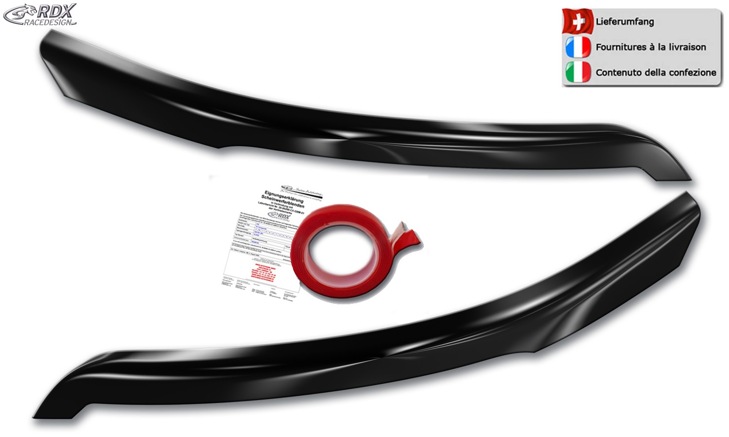 Scheinwerferblenden Ford Transit (ab 2014) (alle Modelle mit Xenon-Scheinwerfern und schwarzen Halogen-Scheinwerfern) (schwarz glänzend) (mit CH-Eignungserklärung) (PU-ABS)